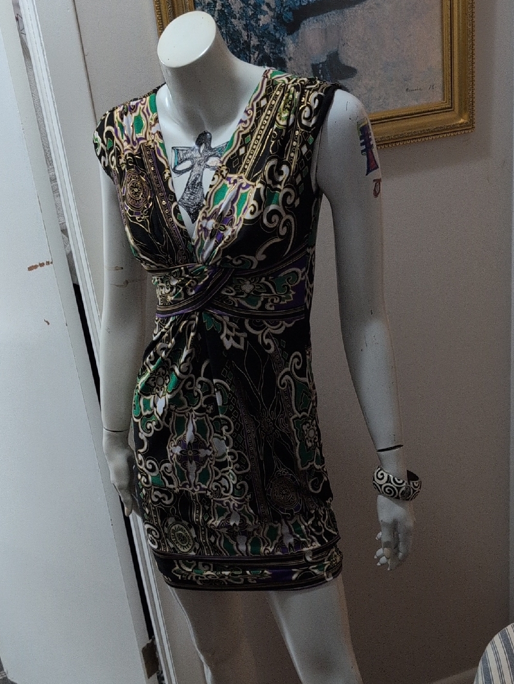 Cach`e Black Sleeveless Mini Dress with Green and Purple Pattern